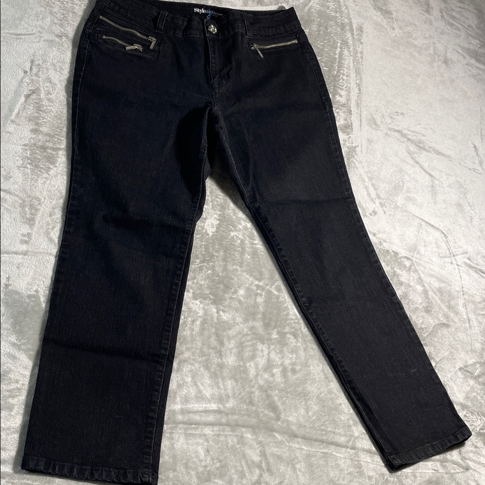 Style & Co Slim Leg Zipper Pockets Women's size 14Petite Black Denim jeans